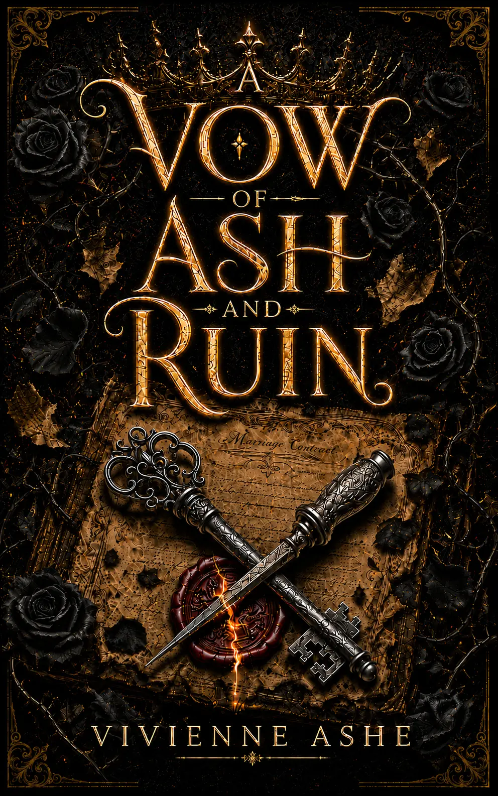 Book cover for A Vow of Ash and Ruin by Vivienne Ashe, showing a crossed key and dagger over a marriage contract sealed in wax.