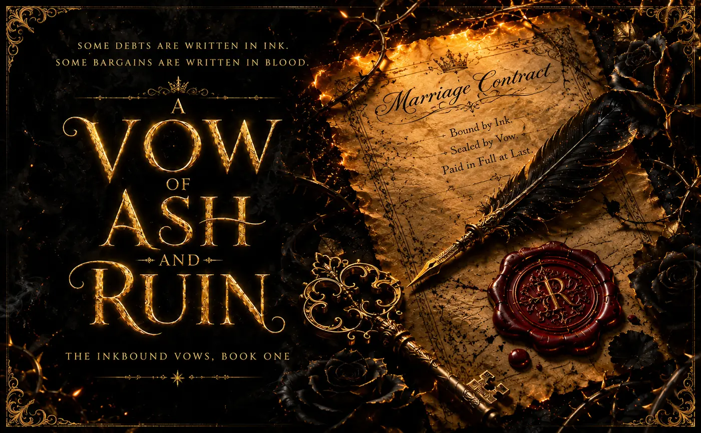 Promotional banner for A Vow of Ash and Ruin: a marriage contract sealed in wax beside a quill, with the tagline &lsquo;Some debts are written in ink. Some bargains are written in blood.&rsquo;