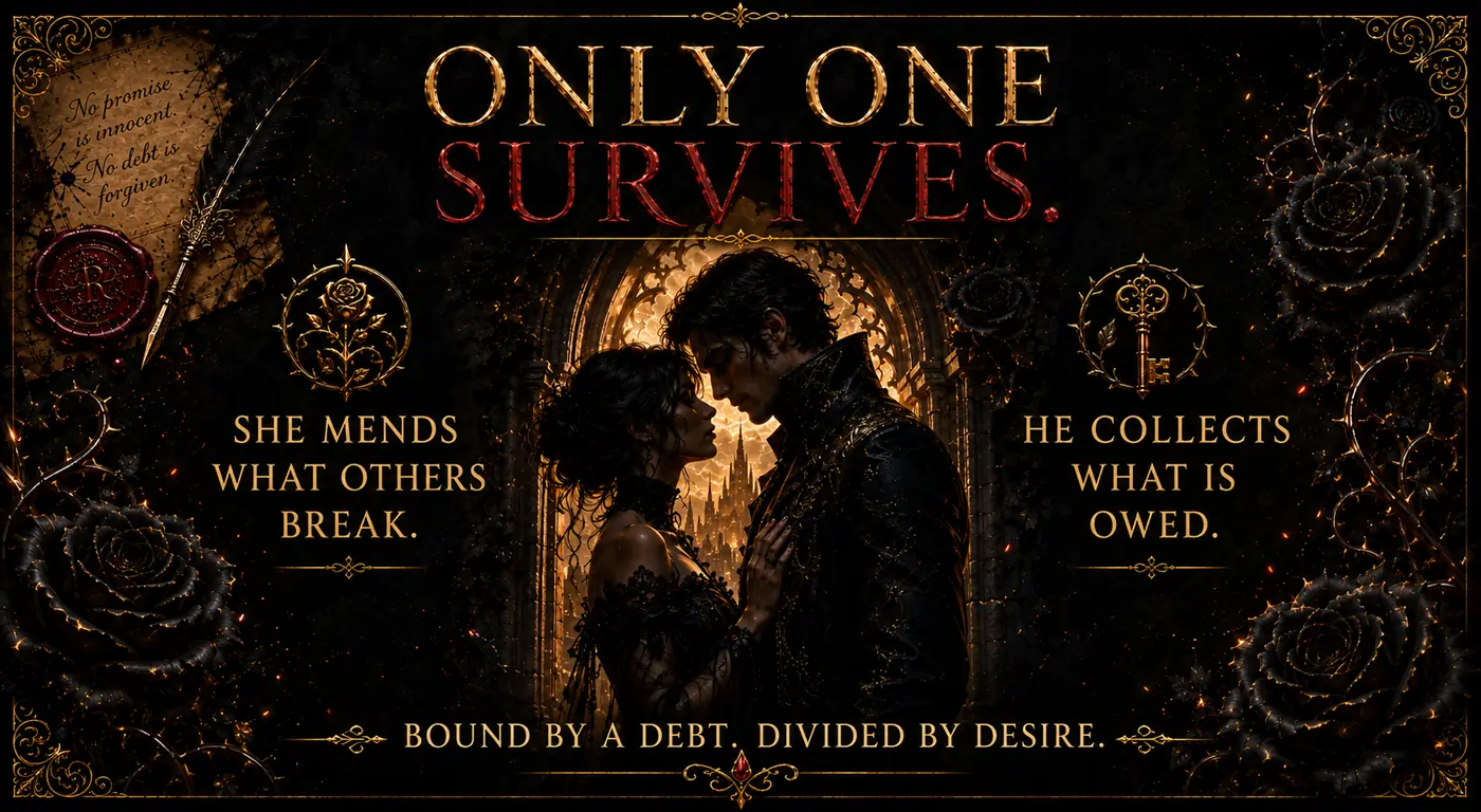 Character panel reading: Only one survives. She mends what others break. He collects what is owed. Bound by a debt, divided by desire.