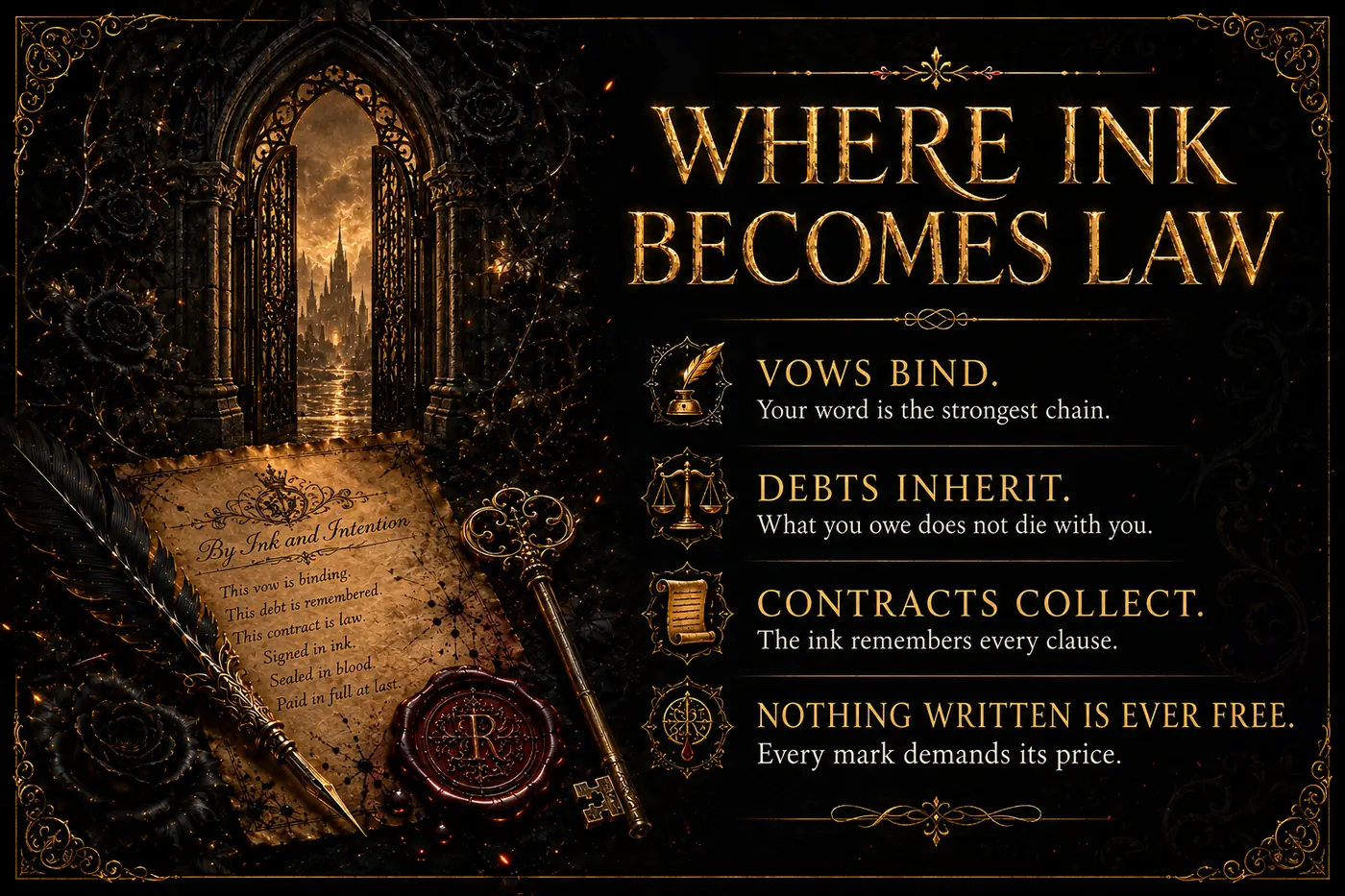 Worldbuilding panel titled 'Where Ink Becomes Law,' listing four rules: vows bind, debts inherit, contracts collect, and nothing written is ever free.